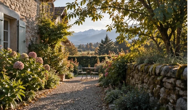 Illustration d’un jardin ordinaire avec terrasse et maison en pierre.